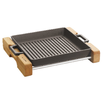 Grill pan cast iron with wooden stand