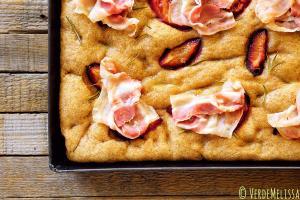 spelt focaccia with plums and pancetta